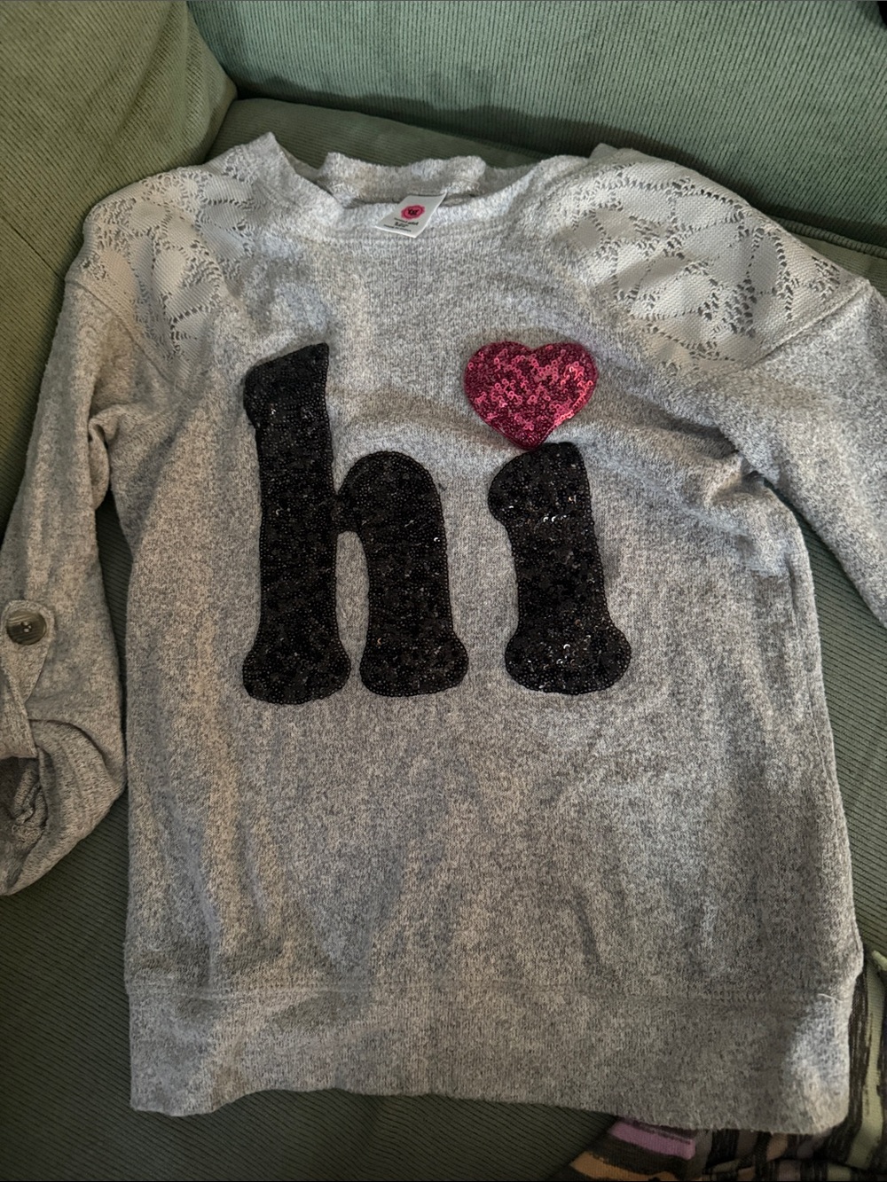 total girl Gray Pullover with Sequin Heart Details